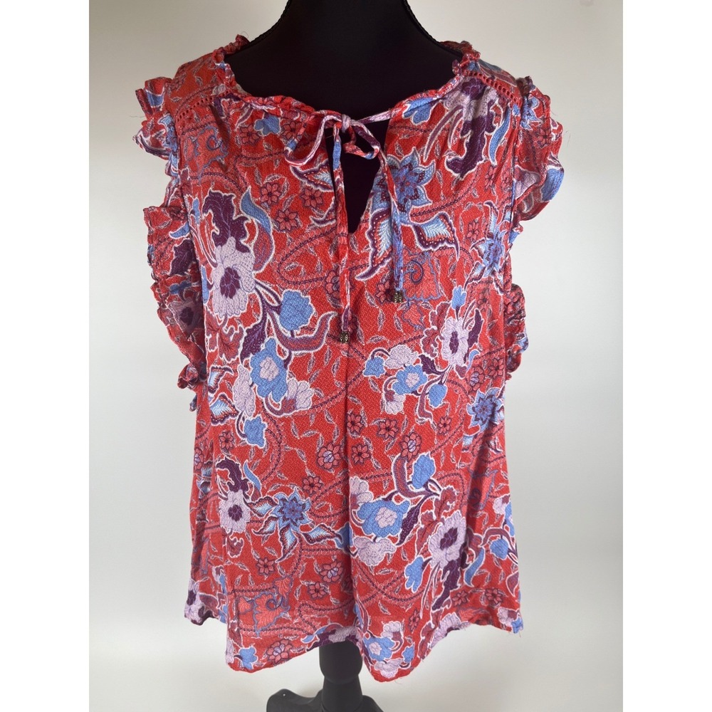 Knox Rose Womens Red Floral Paisley Flutter Sleeve Boho Tie Neck Blouse Sz 1x